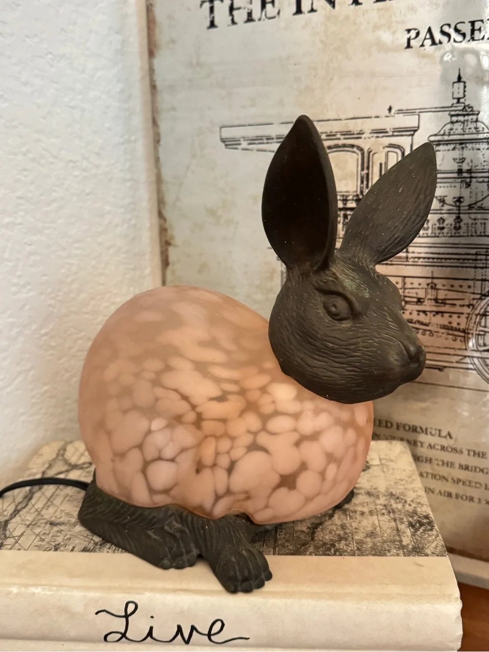 Vintage Andrea by Sadek Tin Chi Rabbit Lamp Glass & Brass Pink Spotted Bunny